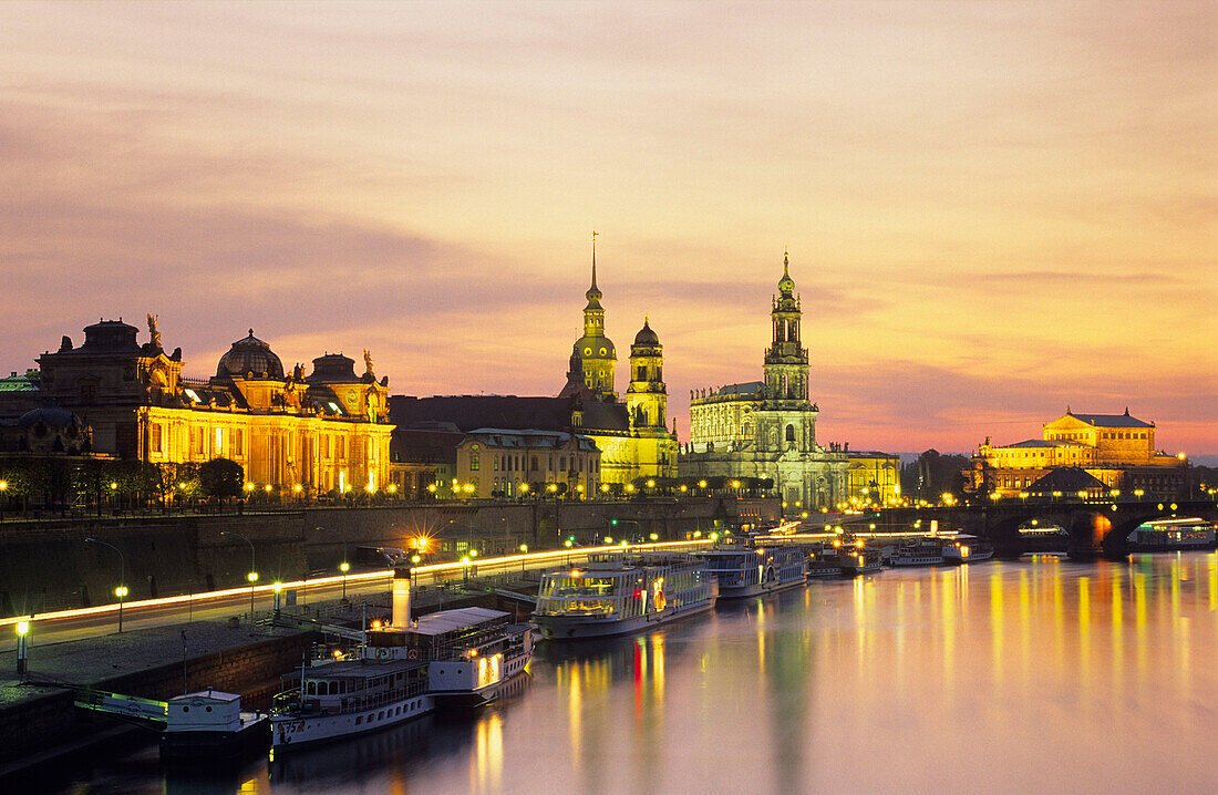 Europe, Germany, Saxony, Dresden, Skyline of Dresden with Brühlsche terrace, Academy of fine arts, Residenzschloss, Ständehaus, Haussman Tower and Catholic Court Church and Semper Opera seen from Carola bridge on Elbe River