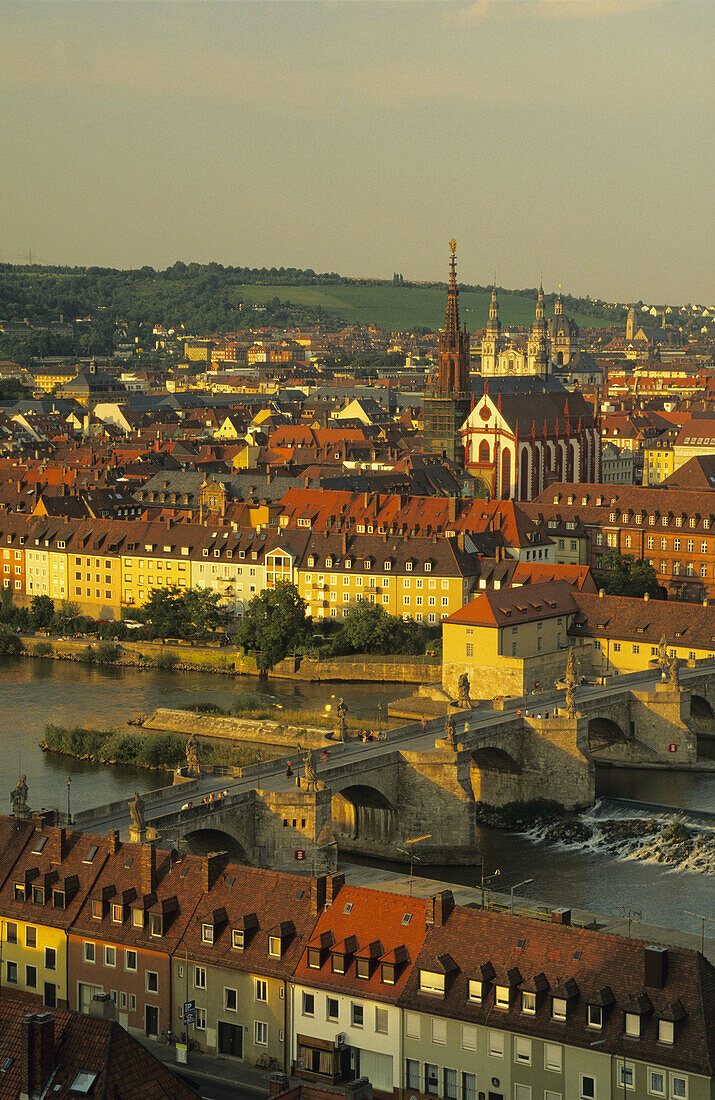 View to Old Main Bridge and Church of Our Lady, Wurzburg, Bavaria, Germany