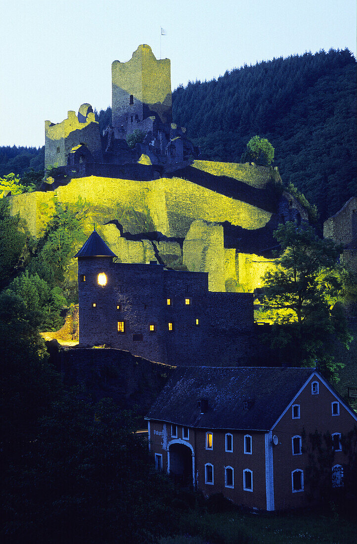 Ruine of the lower castle at night, Manderscheid, Rhineland-Palatinate, Germany