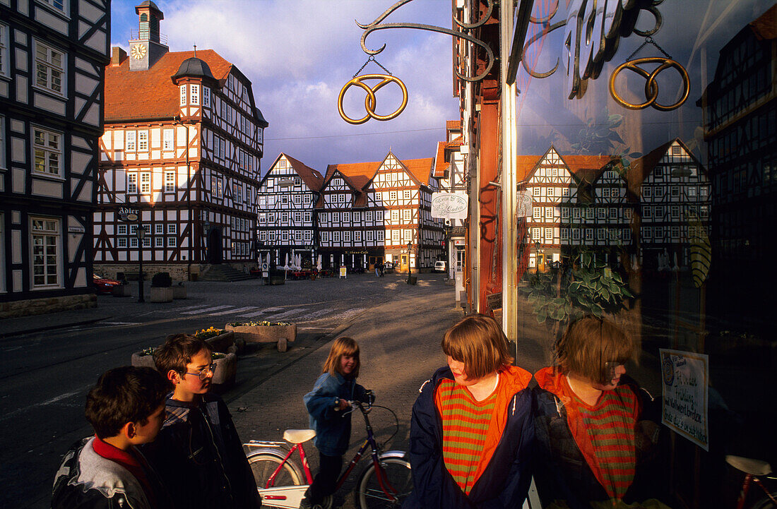 Europe, Germany, Hesse, Melsungen, the medieval town centre with town hall framed by other timbered houses