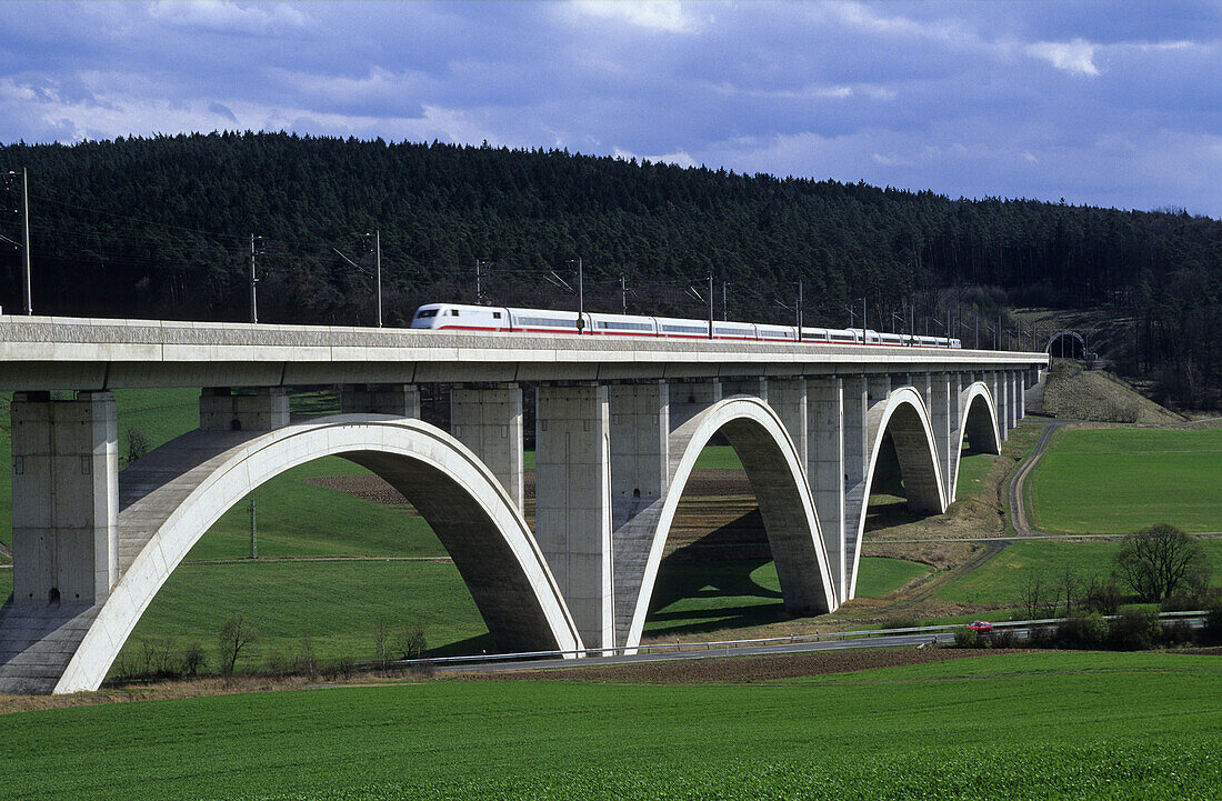 ICE train on Wälsebach bridge, near Kirchheim, Hesse, Germany
