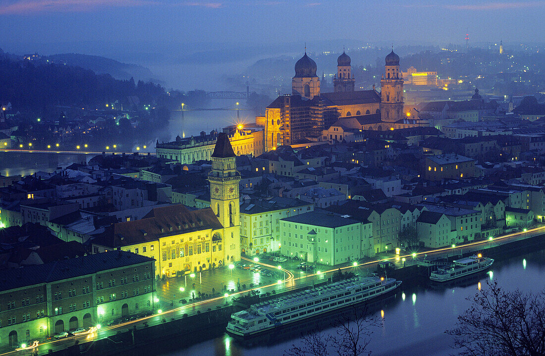 View over Passau at night, Passau, Bavaria, Germany