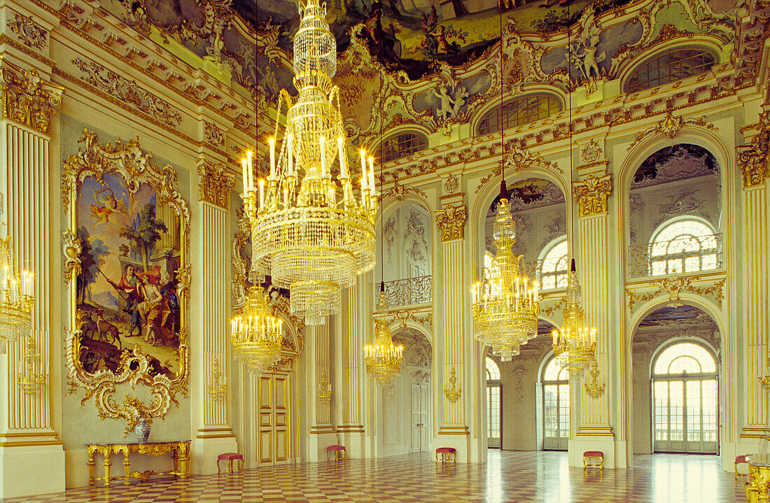 Europe, Germany, Bavaria, Munich, Nymphenburg Palace, interior view of the Hall