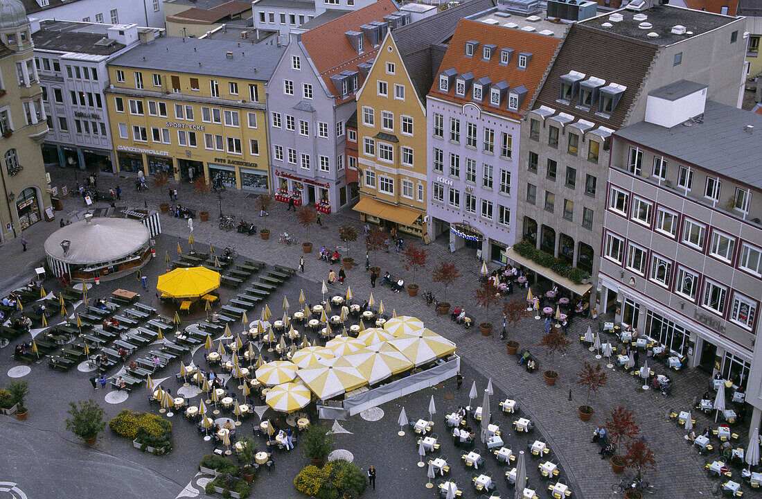 View on market square with sidewalk cafes, Augsburg, Bavaria, Germany