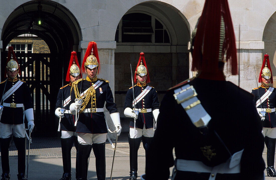 Europe, Great Britain, England, London,Troopers of the Blues and Royals (cavalry regiment of the British Army, part of the Household Cavalry) on mounted duty in Whitehall