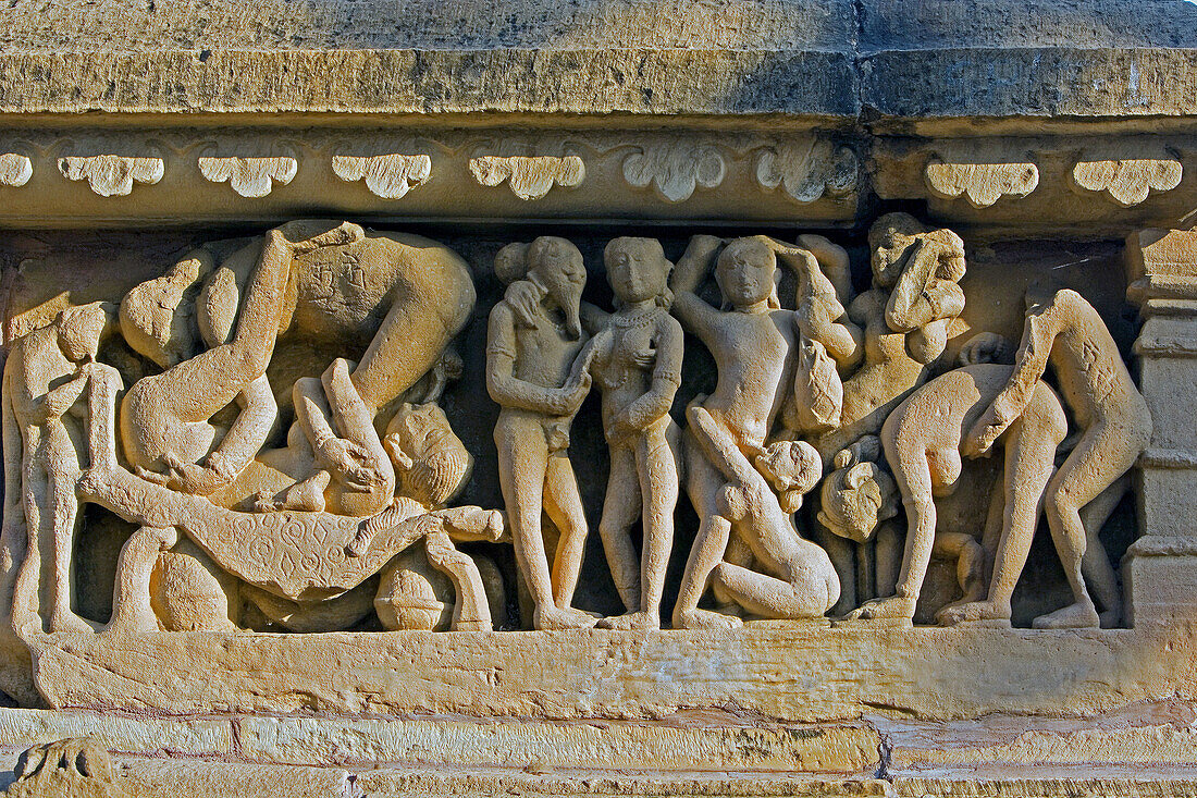 Erotic sculpture on Lakshmana Temple. Khajuraho. Madhya Pradesh, India