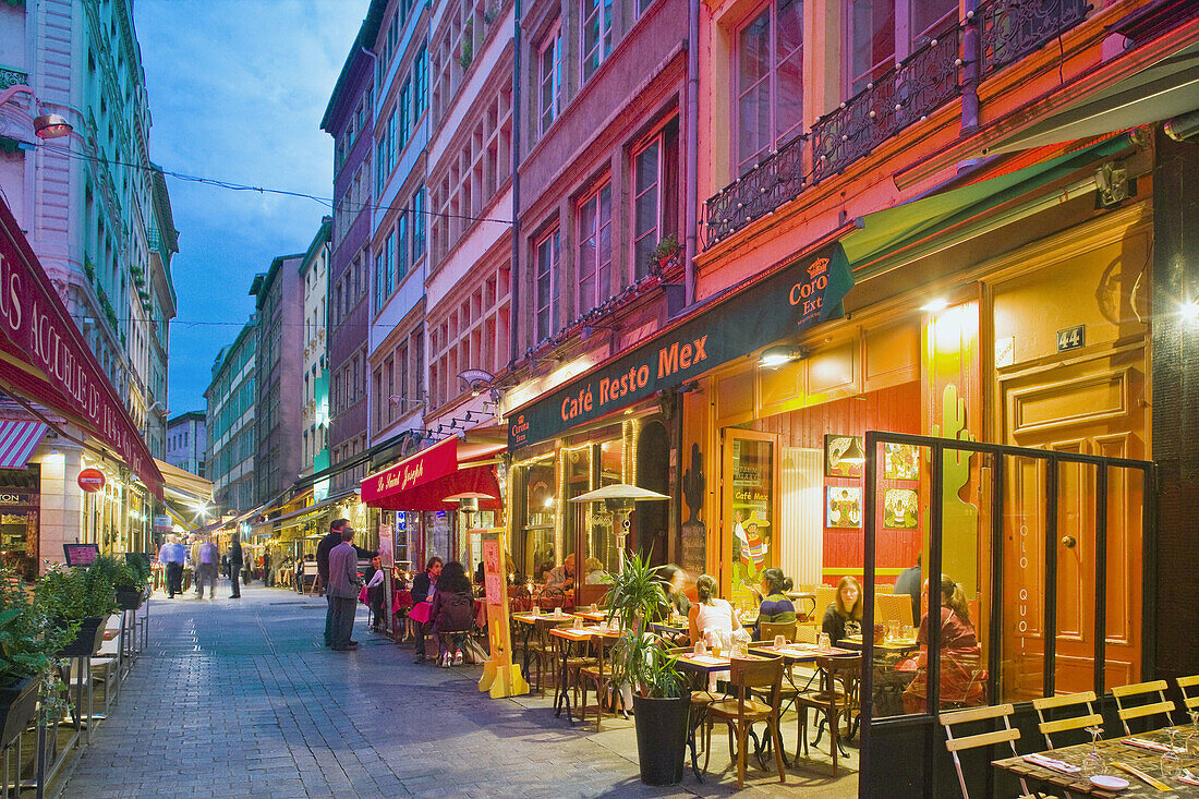 Restaurants in Rue (street) Merciere, Lyon. Rhône-Alpes, France