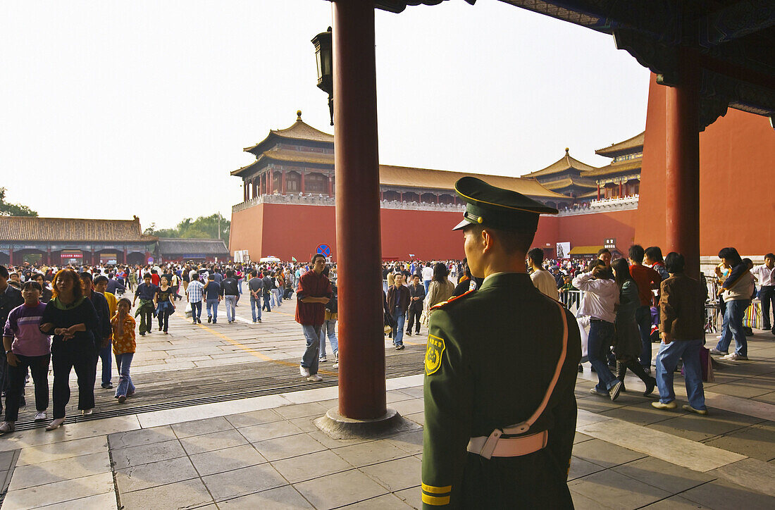 Forbidden City. A guard near the Meridian Gate. Beijing city. China.