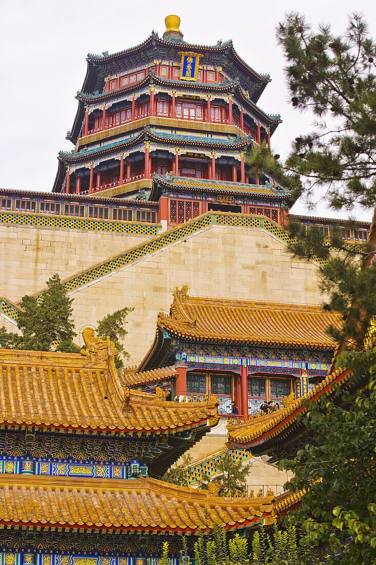 Summer Palace. Longevity Hill, roofs of the Cloud Dispelling Hall and the Tower of the Fragrance of the Buddha. Beijing. China.