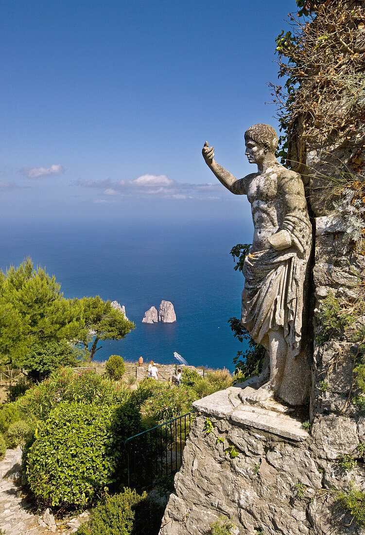 Monte (mount) Solaro. The statue of Emperor Augustus and the Faraglioni. Capri. Italy.