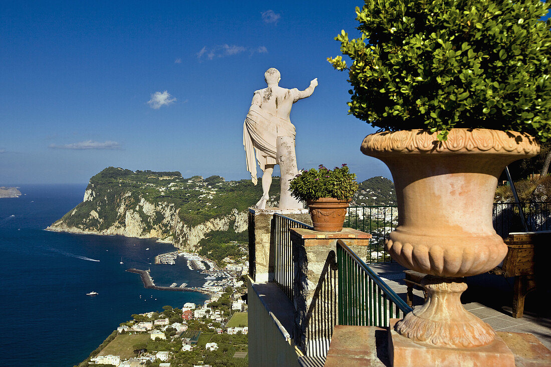 Hotel Caesar Augustus, the statue of Caesar Augustus and the island. Capri. Italy.