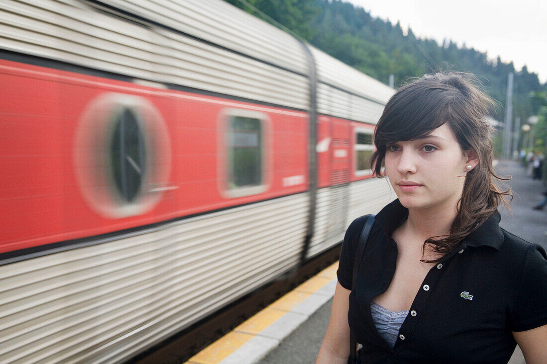 18 year old girl at train station. Legazpi, Guipuzcoa, Basque Country, Spain