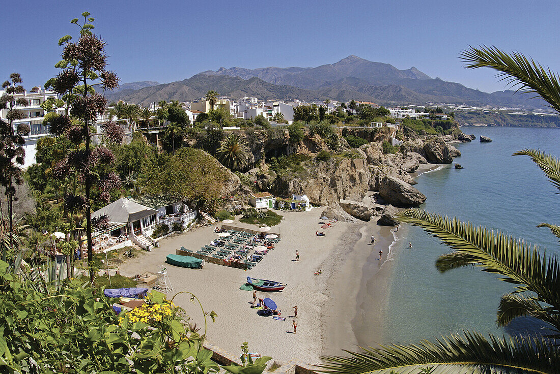 View to one of the beaches from the 'Balcon de Europa', at  Nerja. Málaga province. Andalucia. Spain.