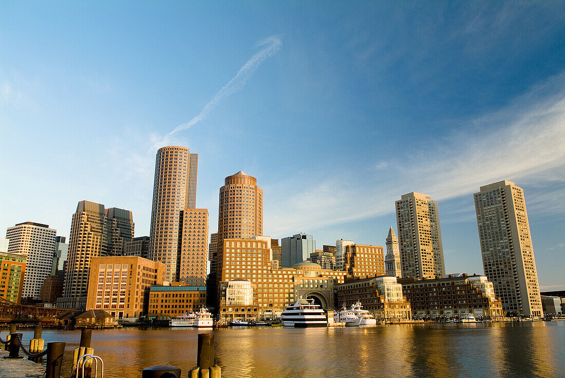 Skyline of financial district and Boston Harbor Hotel in Boston, Massachusetts, USA