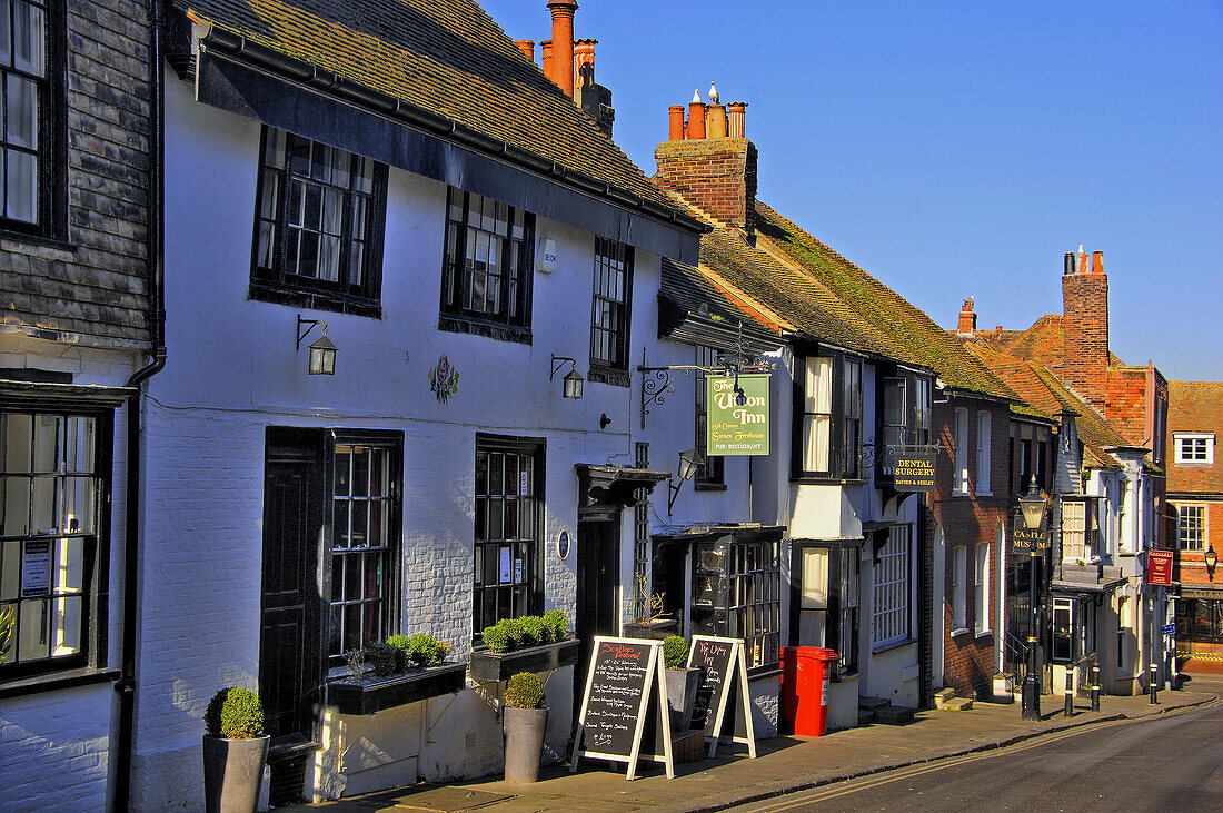 street scene showing old medieval buildings in historic citidel in five cinque port Rye East Sussex england uk europe