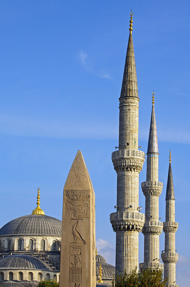 Obelisk of Theodose the 1st and minarets of the Blue Mosque (Sultan Ahmet Camii). Istanbul. Turkey