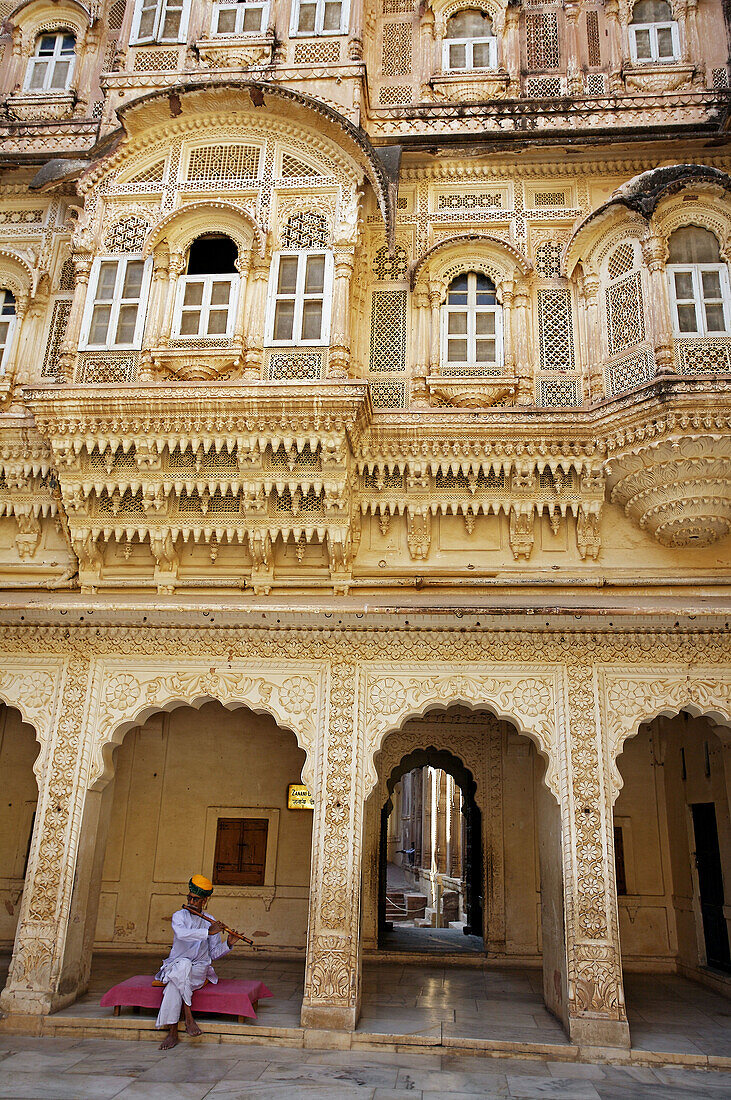 Carved windows and arches in stonework, Meherangarh Fort. Jodhpur. Rajasthan. India.