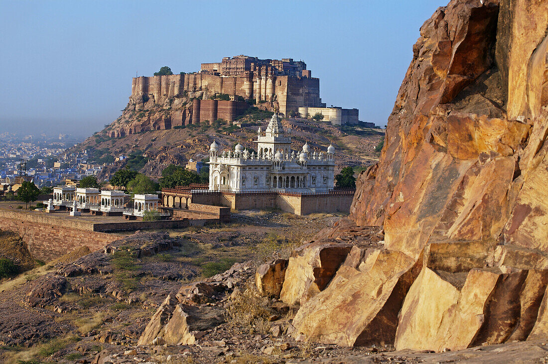 Jaswant Thada Memorial and Meherangarh fort in Jodhpur. Rajasthan. India