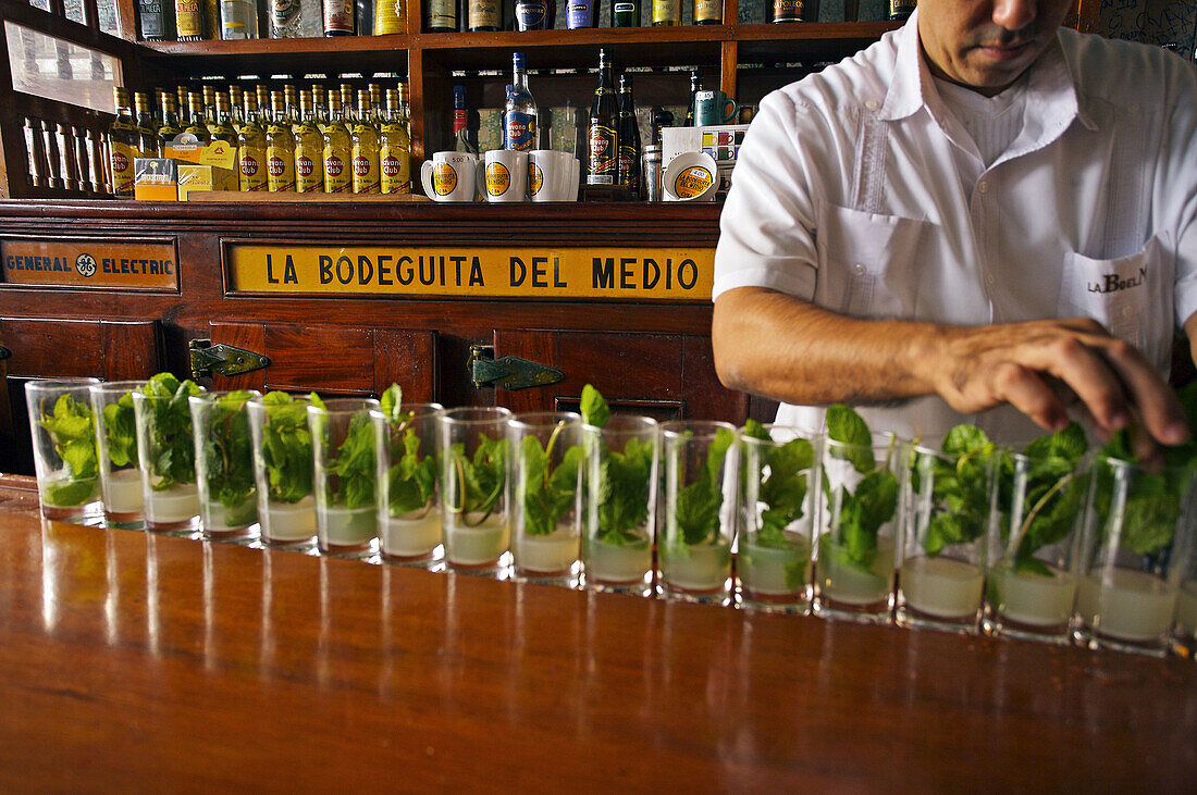 Mojito, La Bodeguita del Medio, a bar in Old Havana (Habana Vieja) popularized by Ernest Hemingway. Havana Vieja District, Havana, Cuba