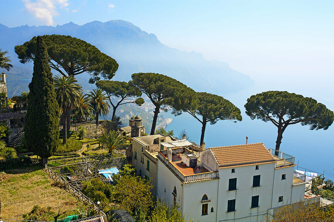 Panorama from Church of SS. Annunziata by Villa Rufolo, Ravello, Amalfi coast. Campania, Italy