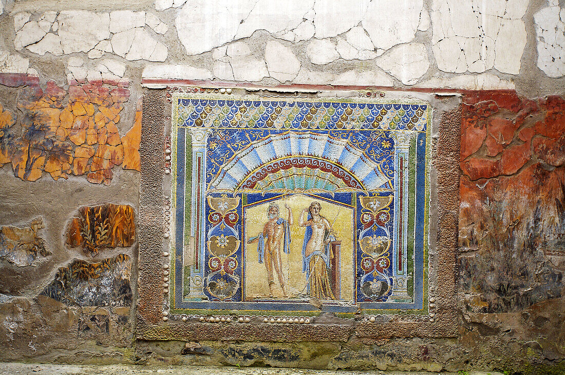 Mosaic at the 'nymphaeum' (sanctuary consecrated to water nymphs). House of Neptune and Amphitrite. Ruins of the old Roman city of Herculaneum. Italy