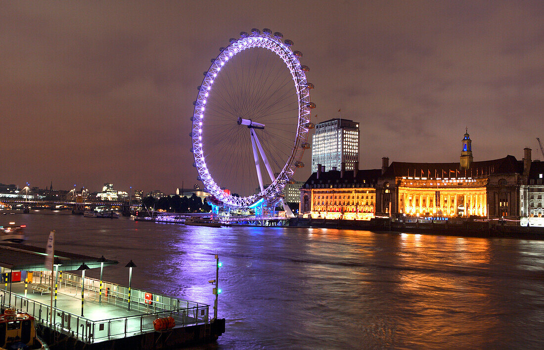 The London Eye on the Thames at night, London, England, Britain, United Kingdom
