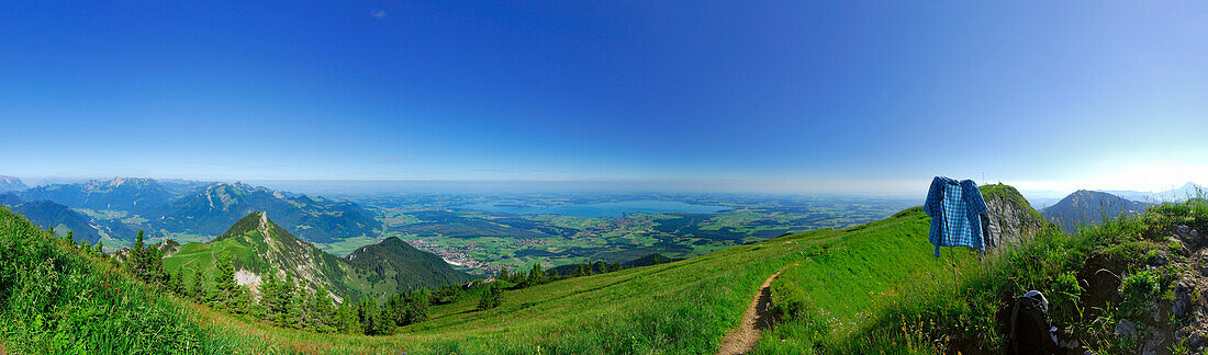 View to Chiemgau range with lake Chiemsee, Chiemgau, Bavaria, Germany