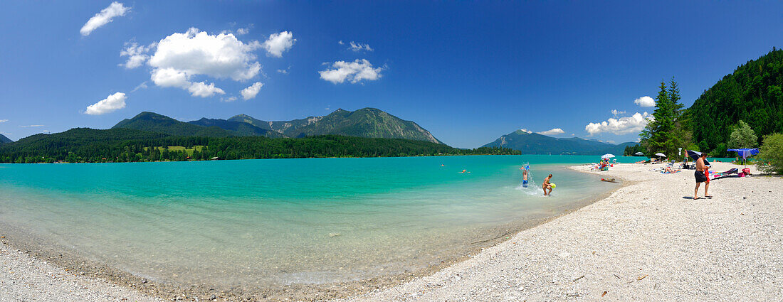 Panorama am Walchensee mit Heimgarten, Herzogstand und Jochberg, Bayerische Voralpen, Bayerische Alpen, Oberbayern, Bayern, Deutschland