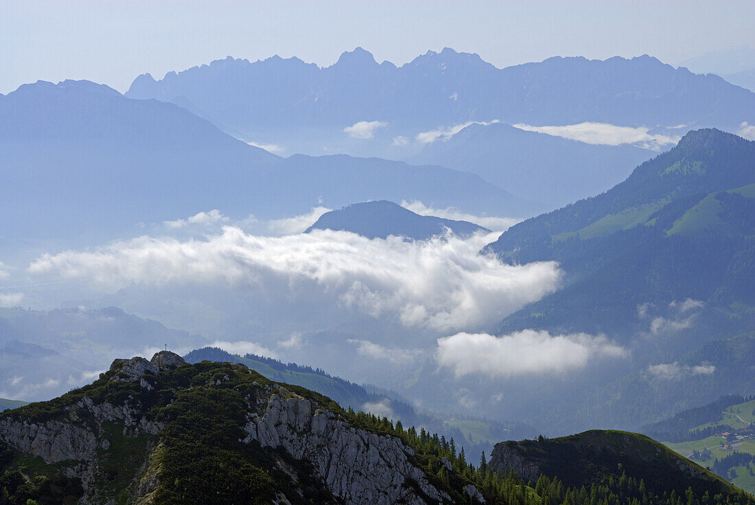 View over valley of river Inn to Kaiser range, Bavarian foothills, Upper Bavaria, Bavaria, Germany
