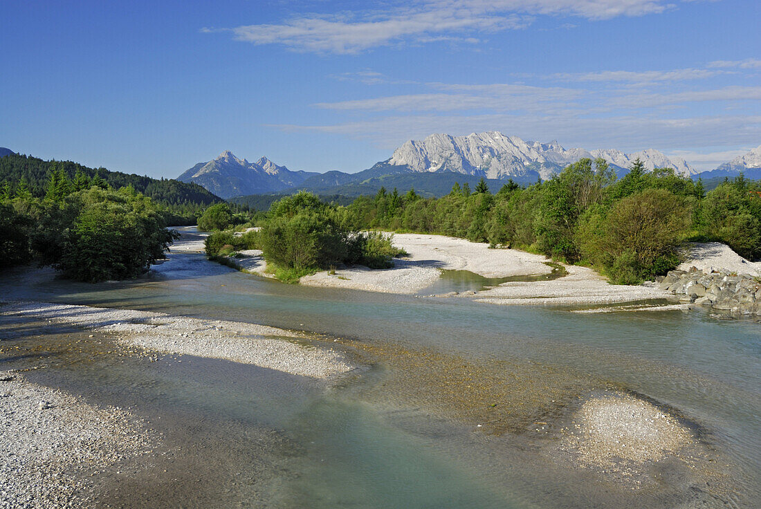 River Isar with Arnspitzen and Wetterstein range, Wallgau, Karwendel range, Bavaria, Germany