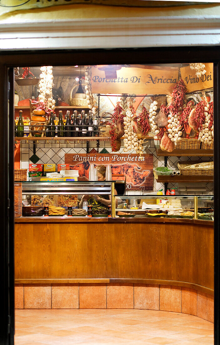 View inside a delicatessen store at Campo de Fiori, Rome, Italy