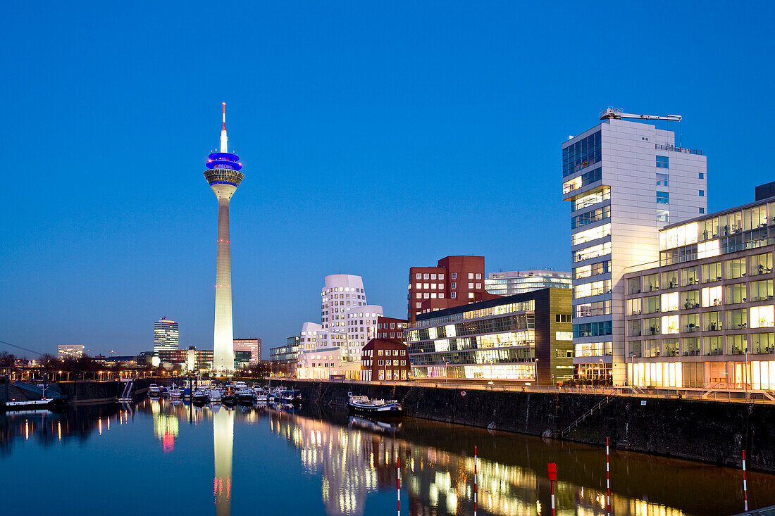Modern Architecture, Media Harbour, Television Tower, Neuer Zollhof, Düsseldorf, North Rhine-Westphalia, Germany, Europe