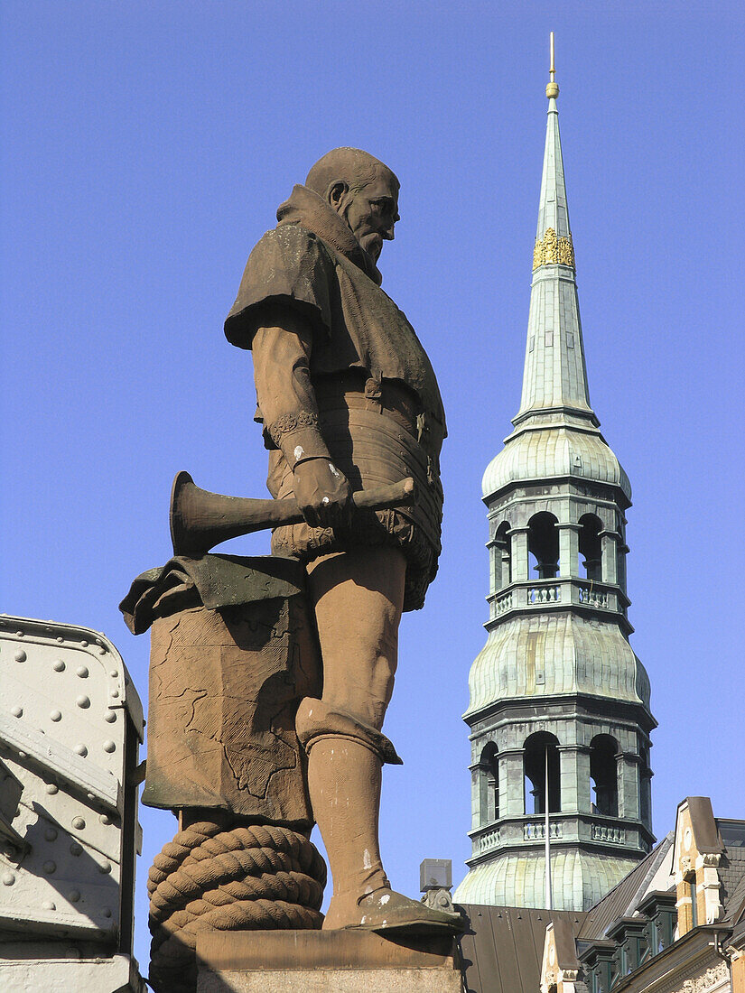 Statue of Vasco da Gama and St. Catherine's Church, Hamburg, Germany