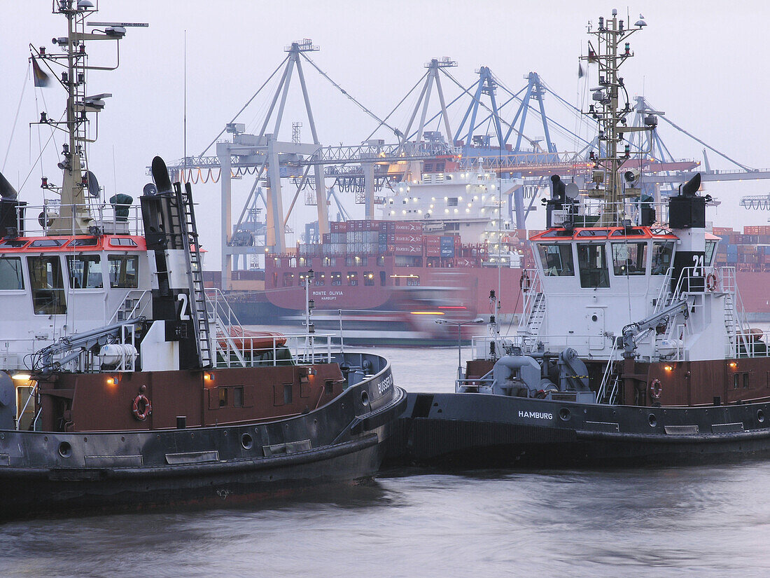 Cargo ship and tug boats in harbor, Hamburg, Germany