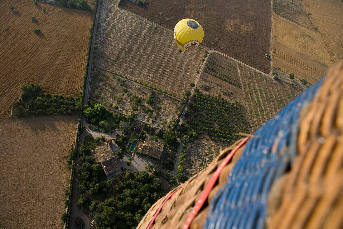 Aerial view of Mallorca Balloons Warsteiner Hot Air Balloon, Near Manacor, Mallorca, Balearic Islands, Spain
