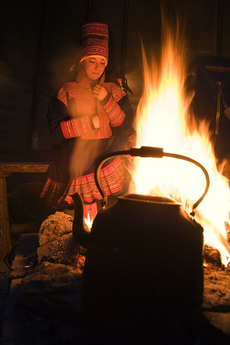Sami (lapp) people. Sami experience in Boazo Sámi Siida. Coffe and fire inside a tent.  Alta. Finnmark. Lapland. Norway.