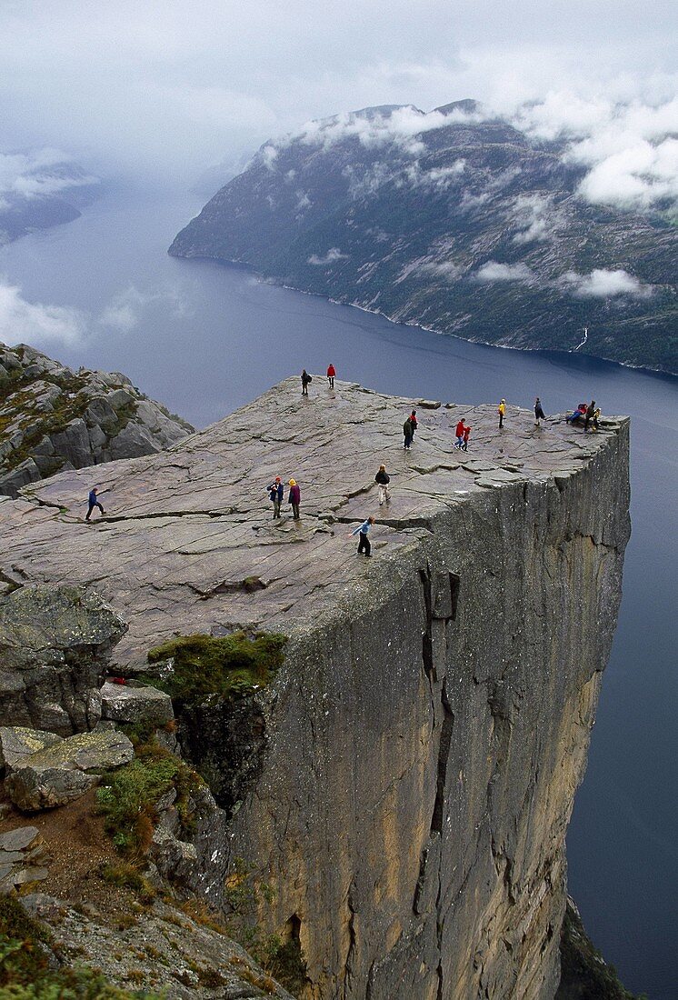 Preikestolen. Pulpit Rock. 600 meters over LyseFjord. Lyse Fjord, in Ryfylke district. Rogaland Region. It is the most popular hike in Stavanger area.