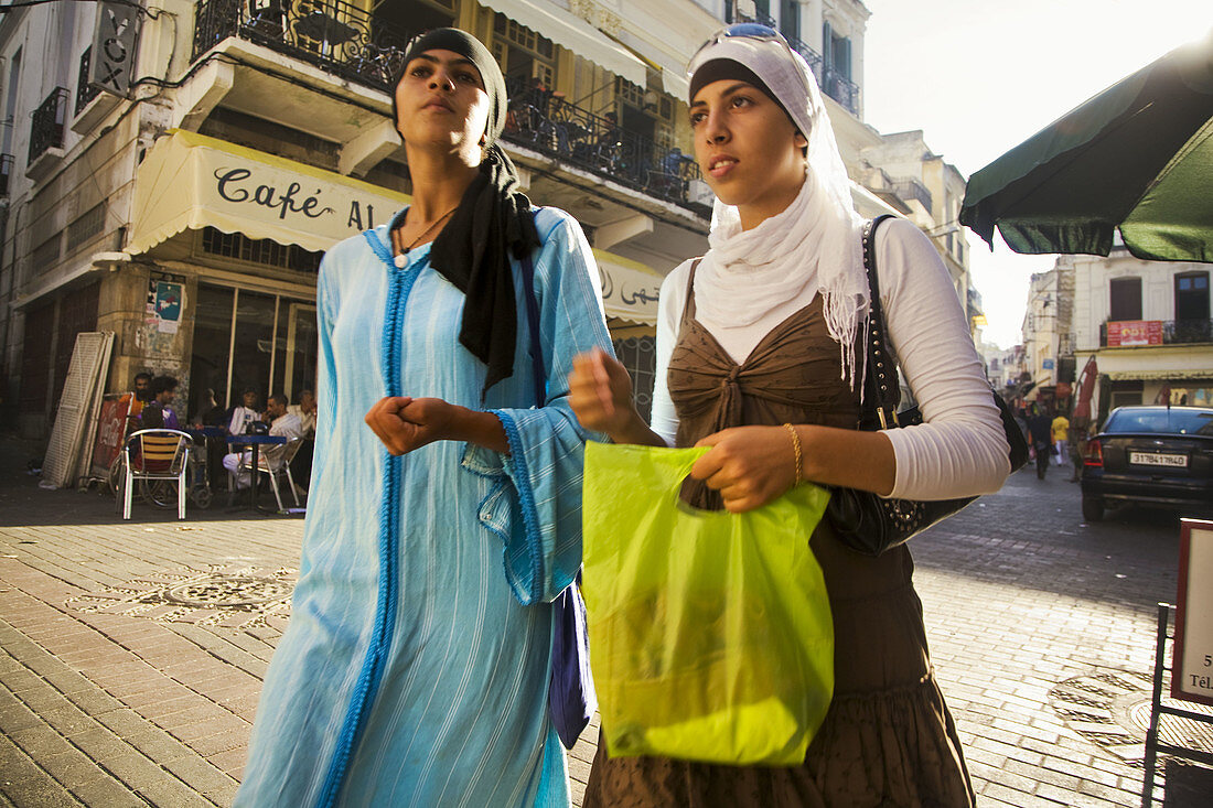 Girls walking in Zoco Chico or Souk Dakhli. Tanger, Morroco.
