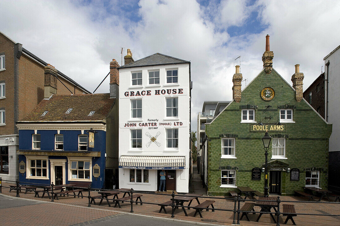 Poole, the Quay, sea front, typical houses, Dorset, UK.