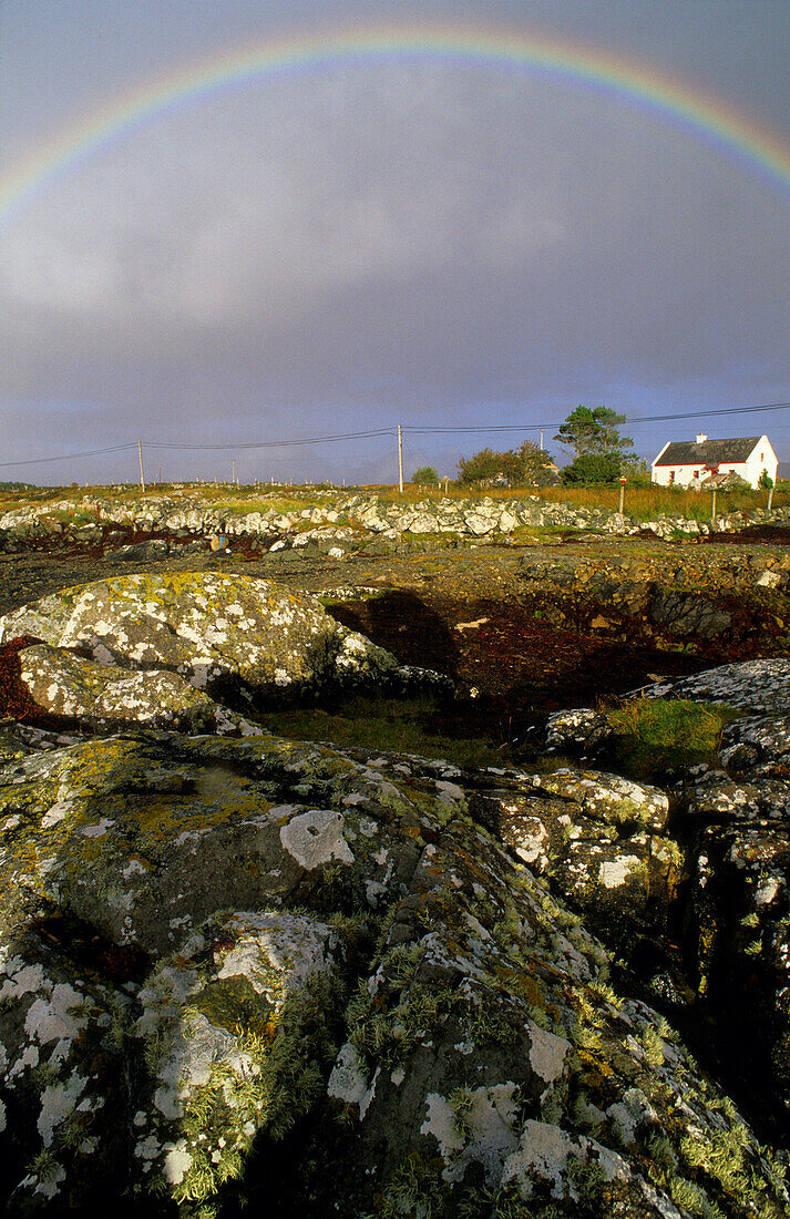 Coastal landscape near Glinsk with rainbow, Connemara, Co. Galway, Ireland, Europa
