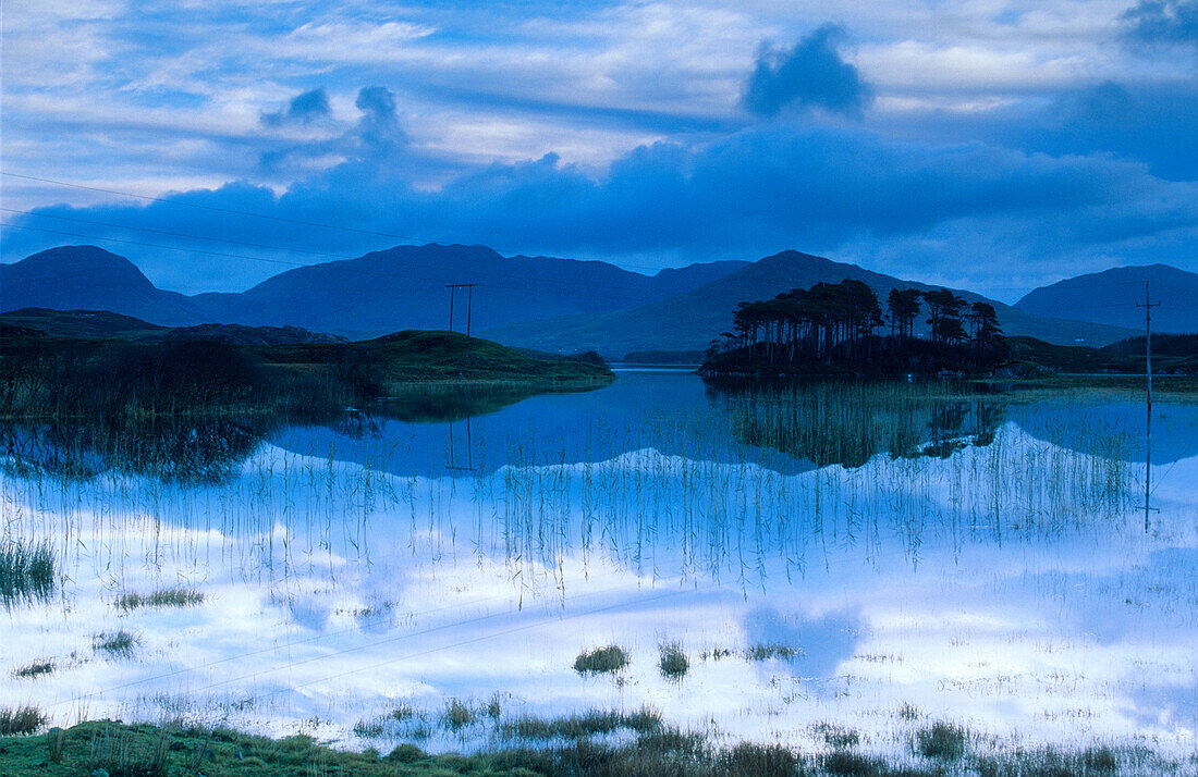Ballynahinch Lake and reflection, Connemara, Co. Galway, Ireland, Europe