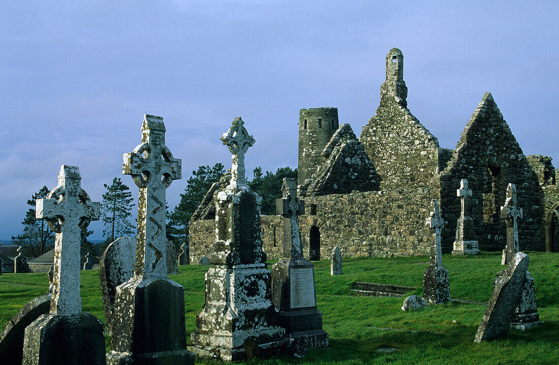 Klosterruine Clonmacnoise mit Grabsteinen, bei Athlone, Co. Offaly, Republik Irland, Europa
