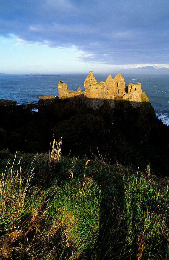 The ruins of Dunluce Castle on shore, County Antrim, Ireland, Europe