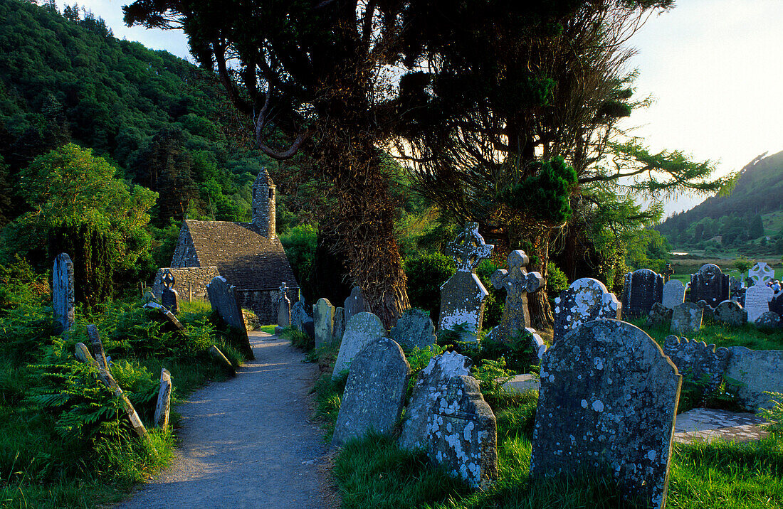 Alte Kirche mit Friedhof unter Bäumen, Glendalough, Wicklow Mountains, County Wicklow, Irland, Europa