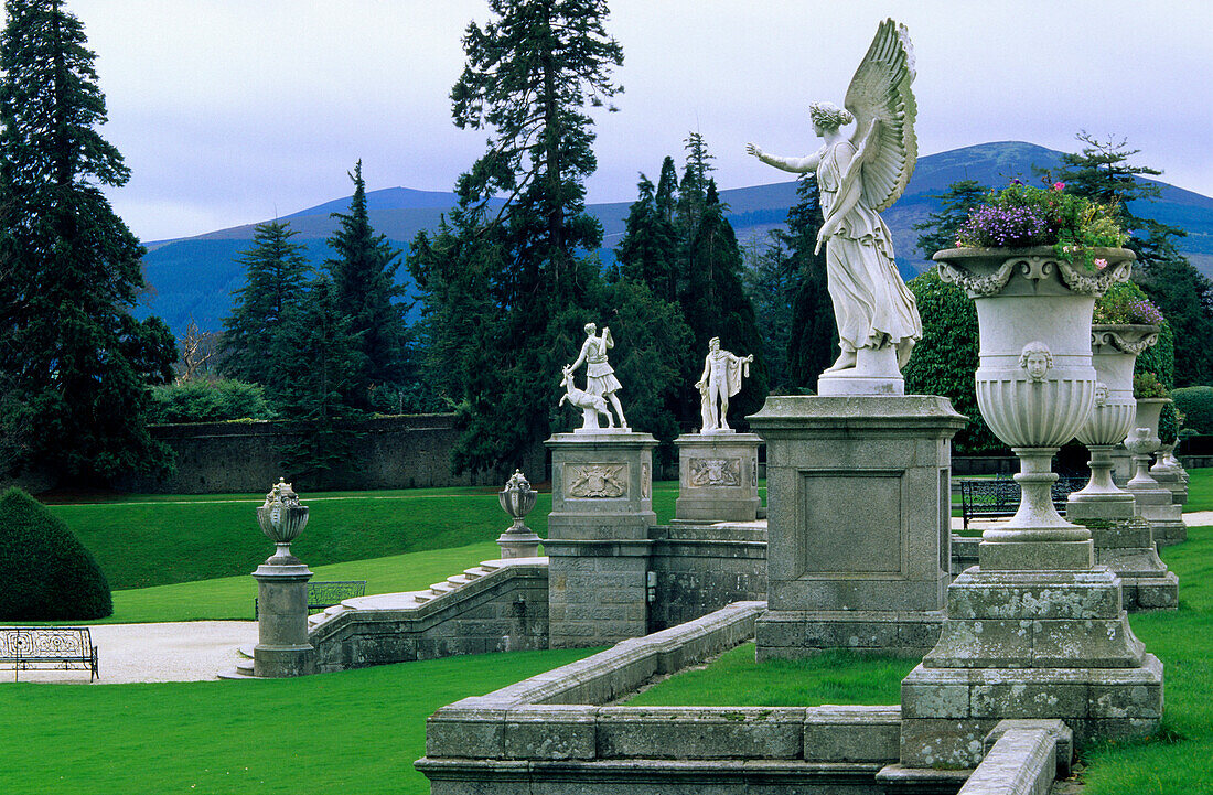 Cultivated formal garden with statues, Powerscourt Garden, Enniskerry, Wicklow Mountains, Ireland, Europe