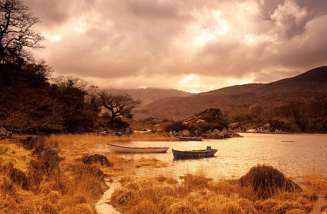 Boats at the shore of the Upper Lake under rain clouds, Killarney National Park, County Kerry, Ireland, Europe