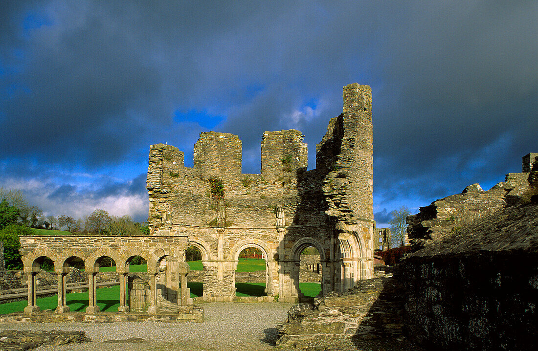 The ruins of Mellifont abbey under dark clouds, County Louth, Ireland, Europe