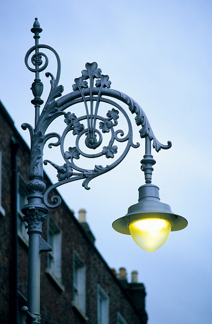 Street lamp on Merrion Square at dusk, Dublin, Ireland, Europe