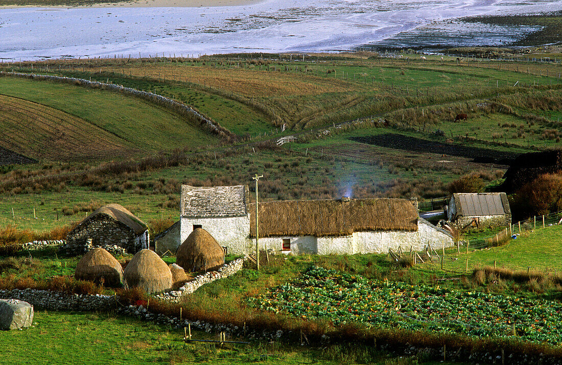 Küstenlandschaft mit Cottage, Bauernhof in Gortahork, County Donegal, Ireland, Europe