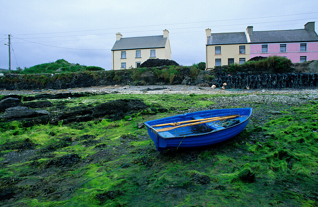 Fischerdorf Portmagee mit Ruderboot, County Kerry, Irland, Europa